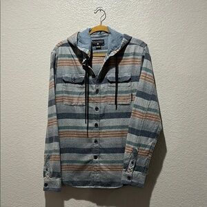 Men's Striped Hooded Jacket Button Down Gray‎ Blue Sz Small Casual